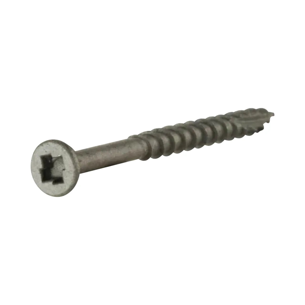 A single Go Build #8 x 1-5/8 in. Star Pan Head Composite Deck Screw, silver-colored with a premium polymer coat and partial threading, lies on a white background. Pack contains 123 screws. Brand: Go Build, The Fastest Way To Build.